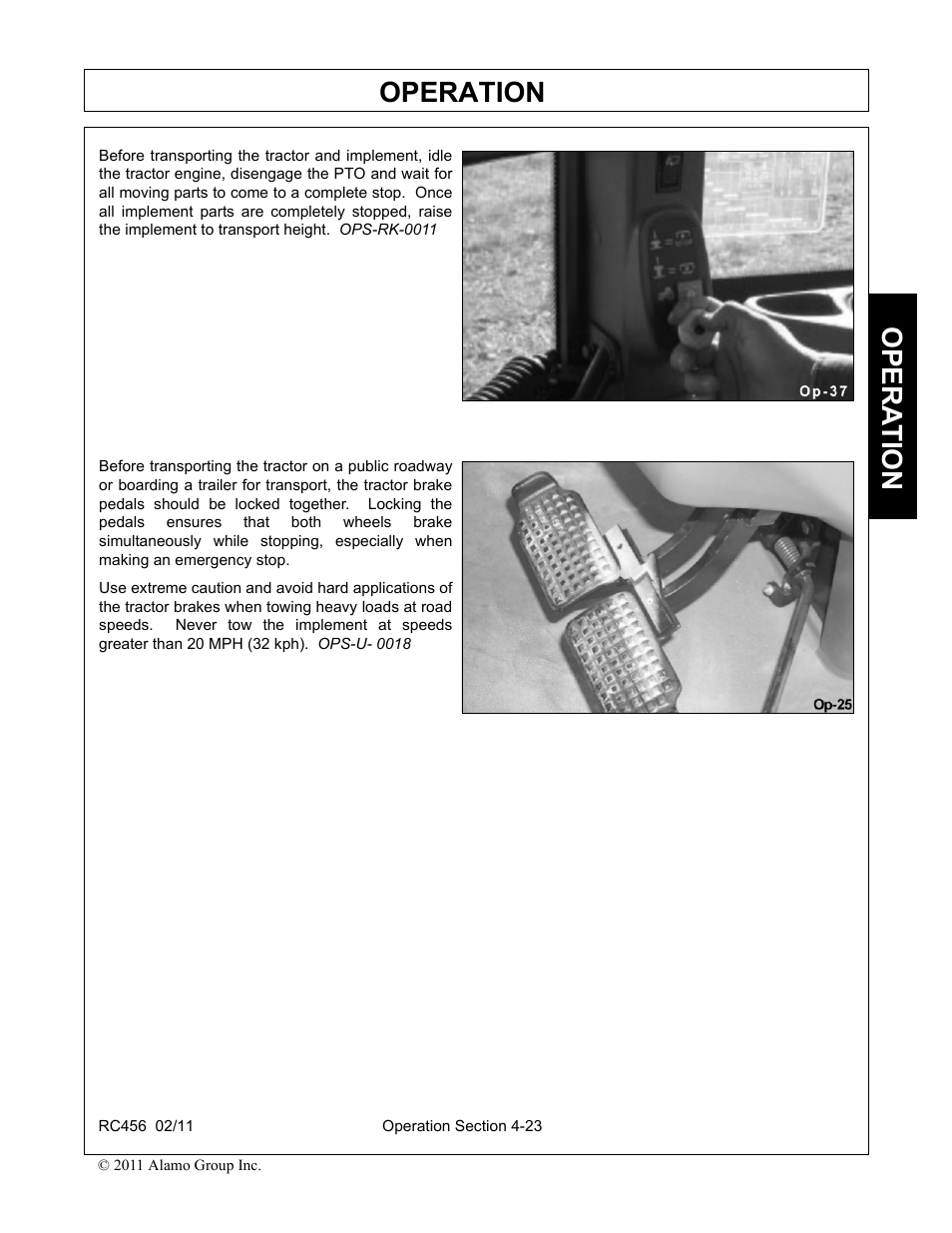 Rake storage, Transporting the tractor and implement, Operation | Opera t ion | Rhino Mounts RC456 User Manual | Page 57 / 72