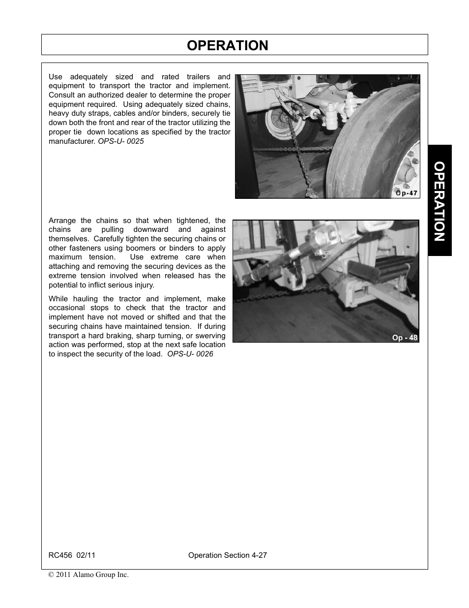 3 hauling the tractor and implement, Hauling the tractor and implement -26, Operation | Opera t ion | Rhino Mounts RC456 User Manual | Page 61 / 72