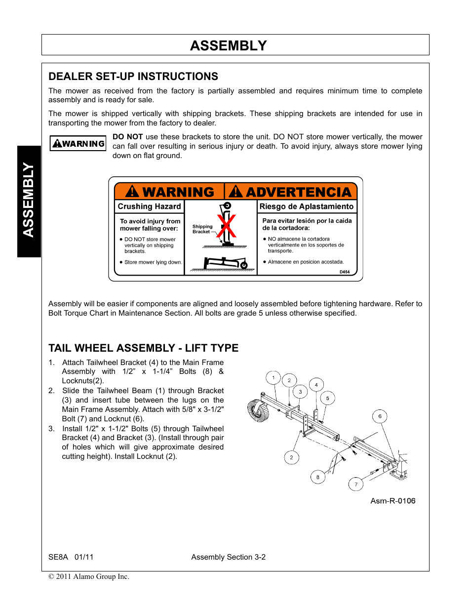 Dealer set-up instructions, Tail wheel assembly - lift type, Assembly | Assembl y | Rhino Mounts SE8A User Manual | Page 100 / 194