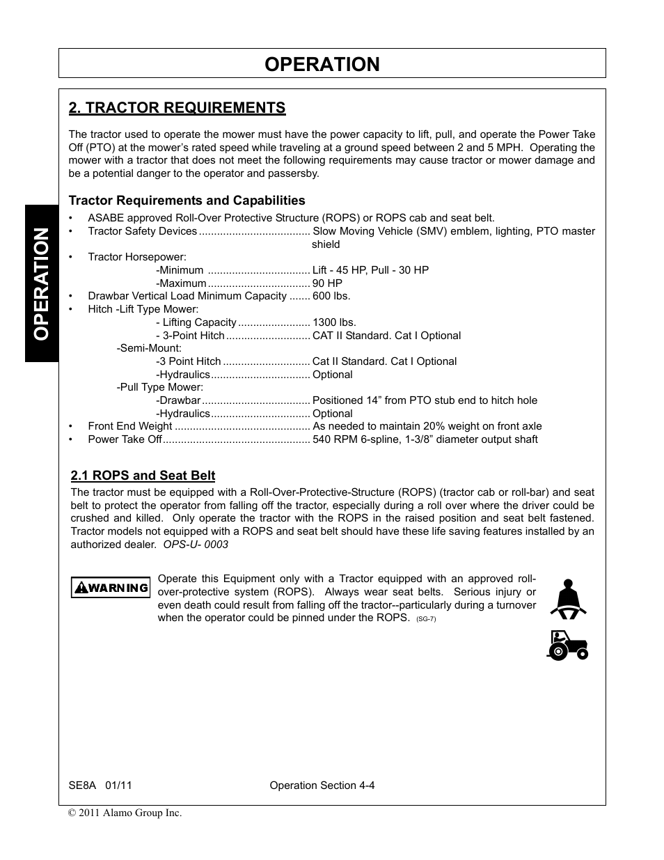 Tractor requirements, Tractor requirements and capabilities, 1 rops and seat belt | Tractor requirements -4 rops and seat belt -4, Operation, Opera t ion | Rhino Mounts SE8A User Manual | Page 112 / 194