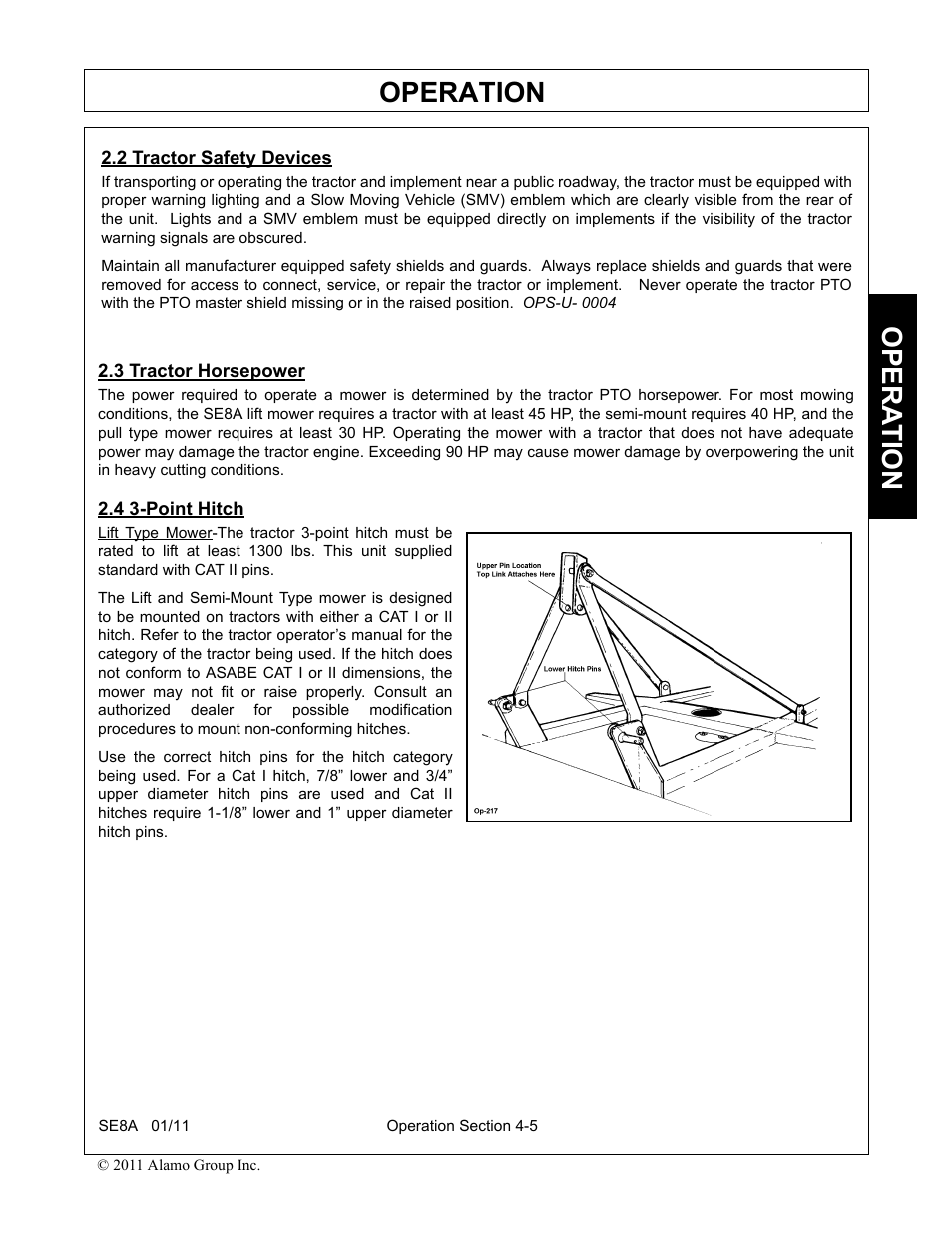 2 tractor safety devices, 3 tractor horsepower, 4 3-point hitch | Tractor safety devices -5, Tractor horsepower -5 3-point hitch -5, Operation, Opera t ion | Rhino Mounts SE8A User Manual | Page 113 / 194