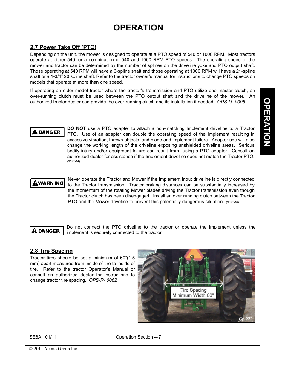 7 power take off (pto), 8 tire spacing, Power take off (pto) -7 tire spacing -7 | Operation, Opera t ion | Rhino Mounts SE8A User Manual | Page 115 / 194