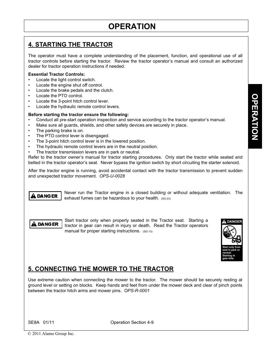 Starting the tractor, Connecting the mower to the tractor, Operation | Opera t ion | Rhino Mounts SE8A User Manual | Page 117 / 194