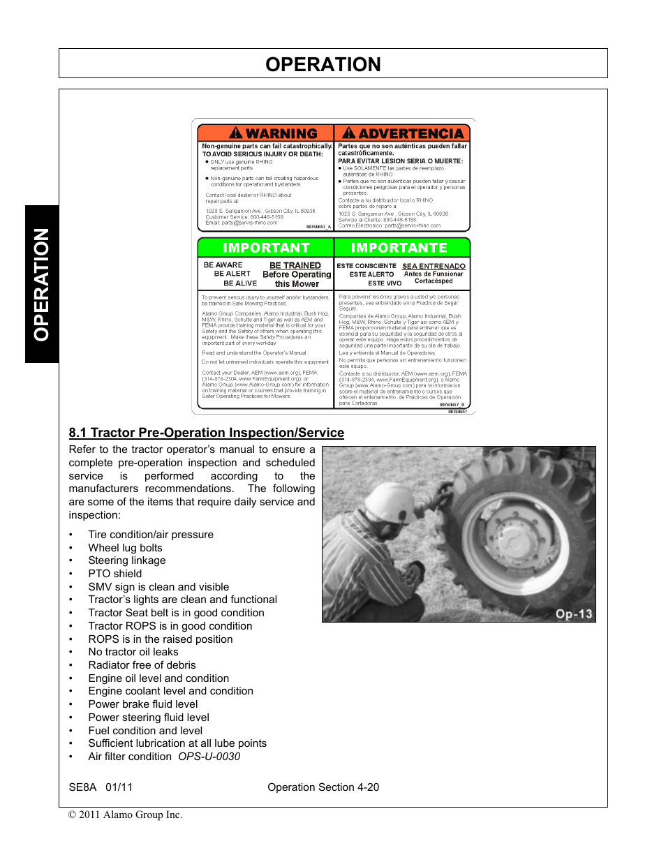 1 tractor pre-operation inspection/service, Tractor pre-operation inspection/service -20, Operation | Opera t ion | Rhino Mounts SE8A User Manual | Page 128 / 194