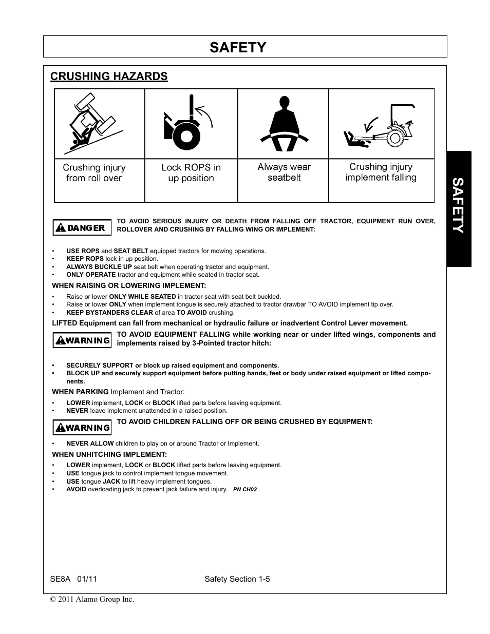 Crushing hazards, Safety | Rhino Mounts SE8A User Manual | Page 15 / 194