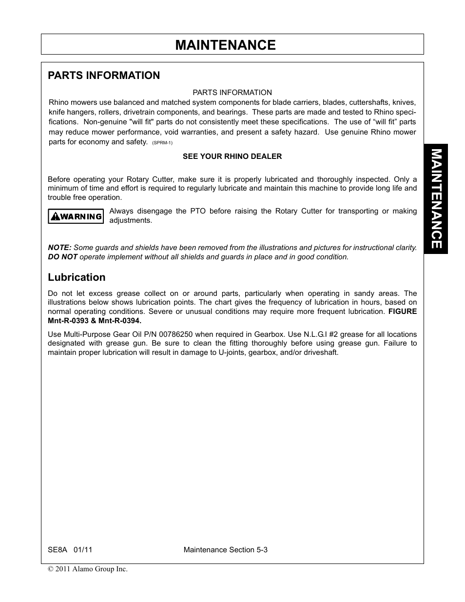 Parts information, Lubrication, Parts information -3 lubrication -3 | Maintenance | Rhino Mounts SE8A User Manual | Page 159 / 194