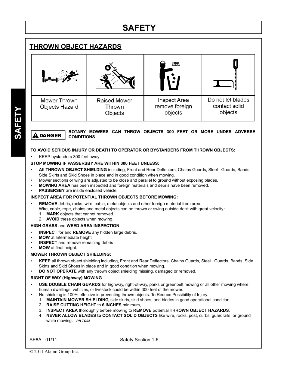 Thrown object hazards, Mark objects that cannot removed, Avoid these objects when mowing | Raise cutting height to 6 inches minimum, Safety | Rhino Mounts SE8A User Manual | Page 16 / 194