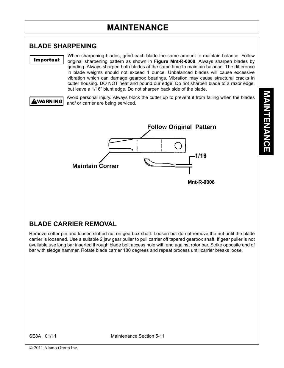 Blade carrier removal, Blade sharpening -11 blade carrier removal -11, Maintenance | Rhino Mounts SE8A User Manual | Page 167 / 194