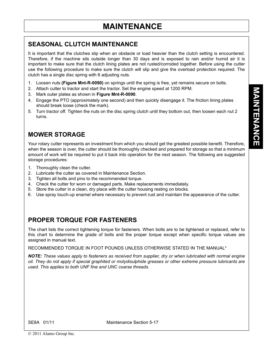 Seasonal clutch maintenance, Mark outer plates as shown in figure mnt-r-0090, Mower storage | Thoroughly clean the cutter, Proper torque for fasteners, Mower storage -17 proper torque for fasteners -17, Maintenance | Rhino Mounts SE8A User Manual | Page 173 / 194