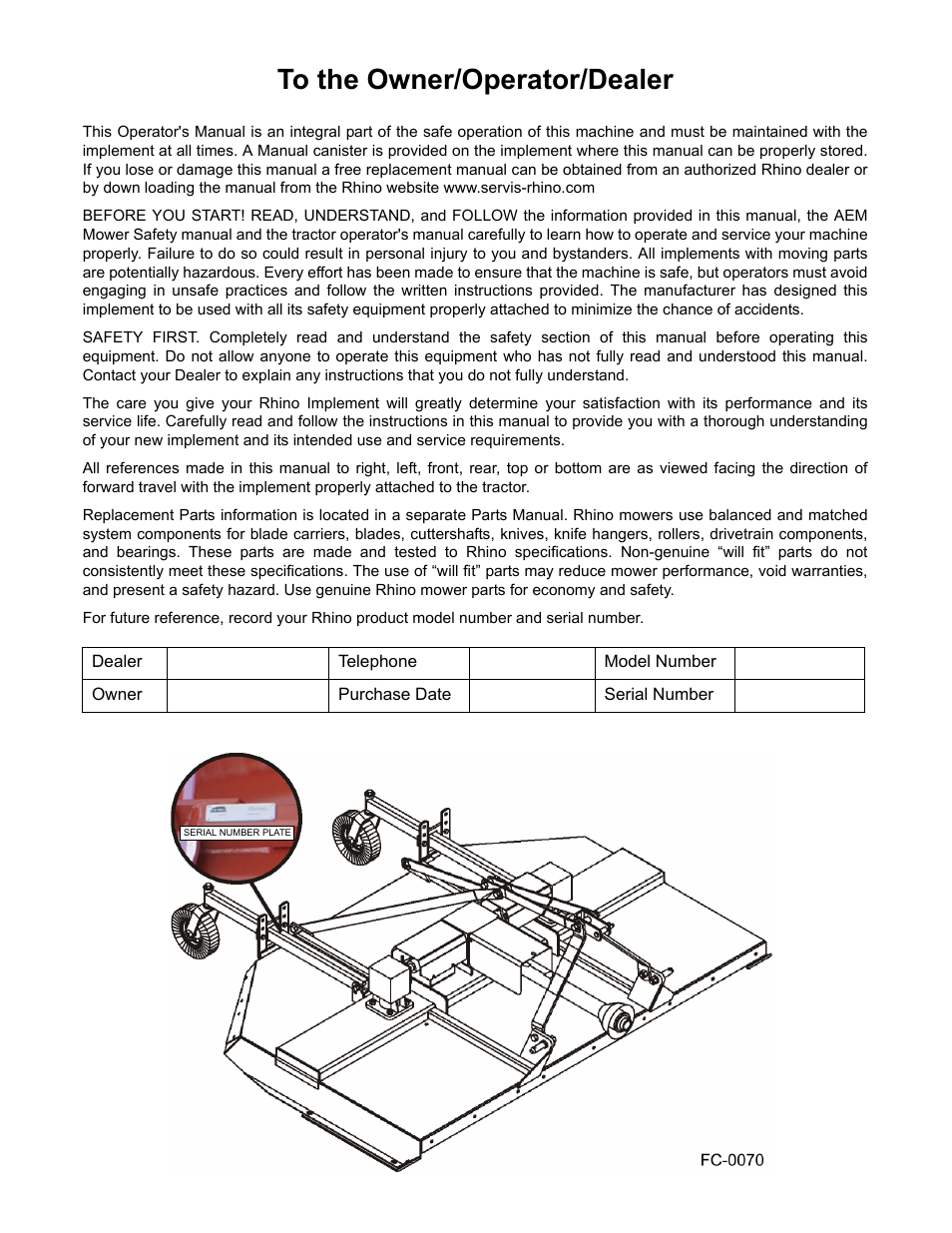 To the owner/operator/dealer | Rhino Mounts SE8A User Manual | Page 2 / 194