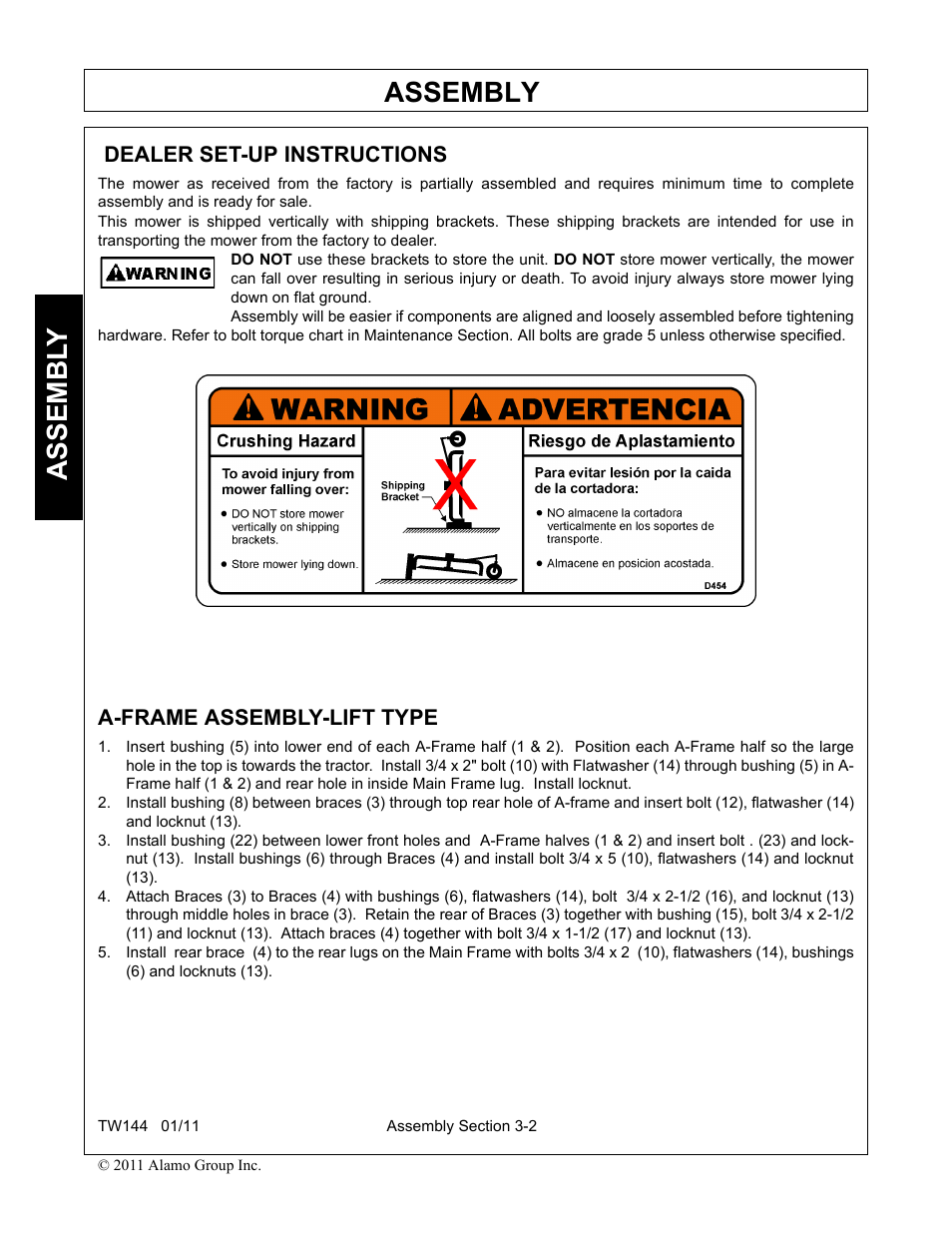 Dealer set-up instructions, A-frame assembly-lift type, Assembly | Assembl y | Rhino Mounts RHINO TW144 User Manual | Page 100 / 196