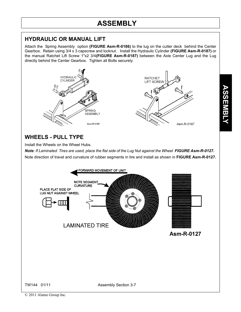 Hydraulic or manual lift, Wheels - pull type, Hydraulic or manual lift -7 wheels - pull type -7 | Assembly, Assembl y | Rhino Mounts RHINO TW144 User Manual | Page 105 / 196