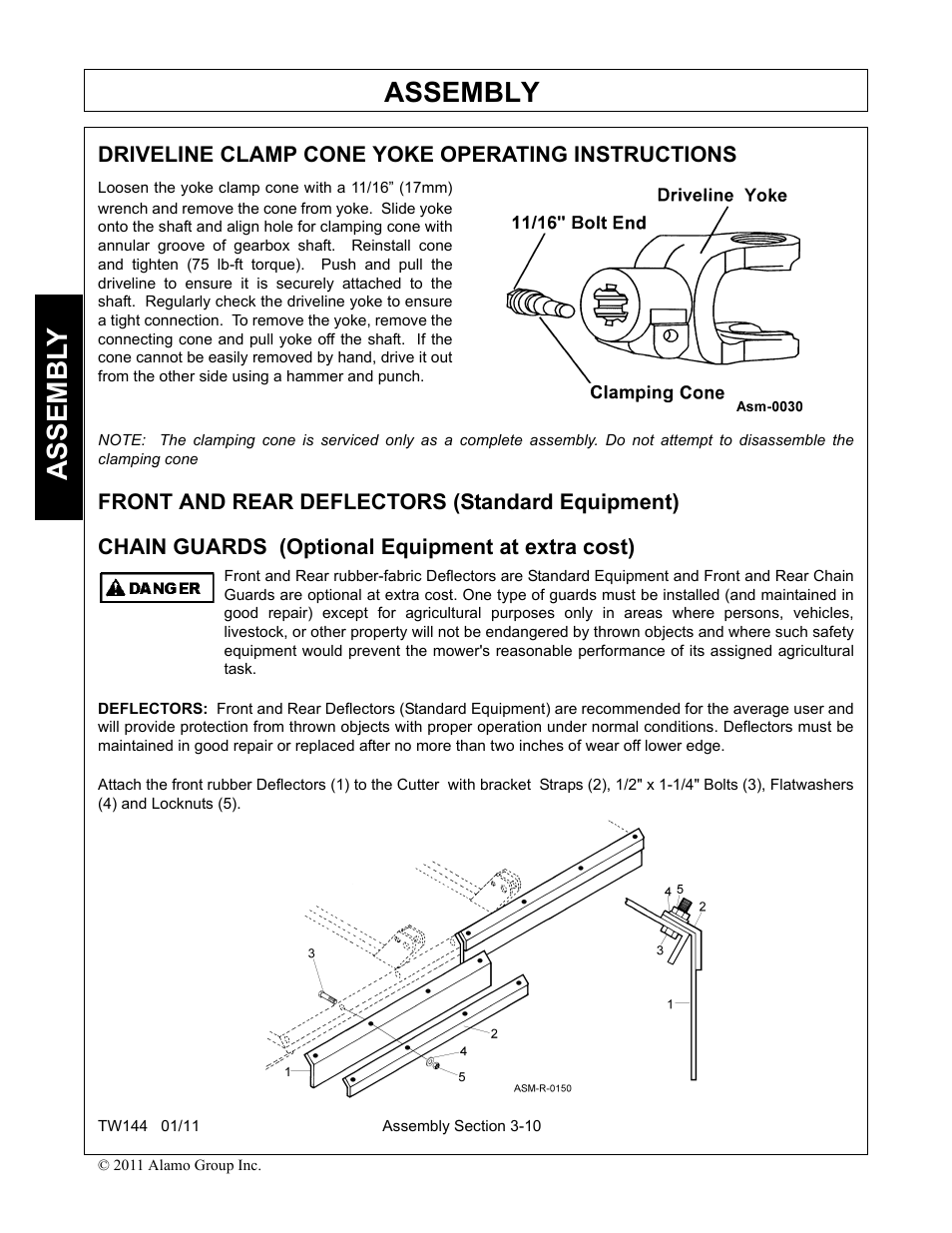 Driveline clamp cone yoke operating instructions, Front and rear deflectors (standard equipment), Chain guards (optional equipment at extra cost) | Assembly, Assembl y | Rhino Mounts RHINO TW144 User Manual | Page 108 / 196
