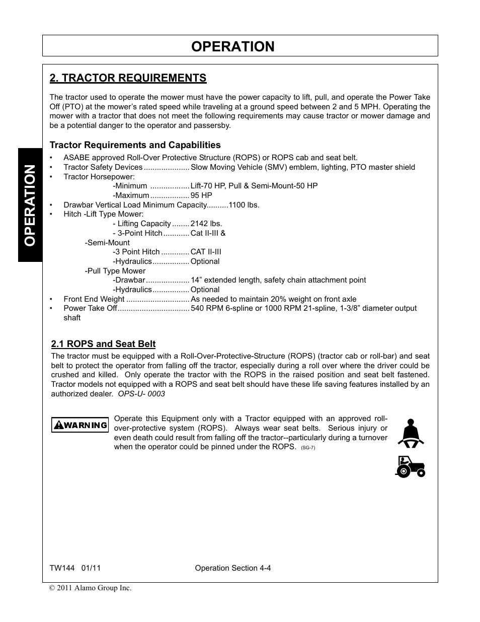 Tractor requirements, Tractor requirements and capabilities, 1 rops and seat belt | Tractor requirements -4 rops and seat belt -4, Operation, Opera t ion | Rhino Mounts RHINO TW144 User Manual | Page 114 / 196
