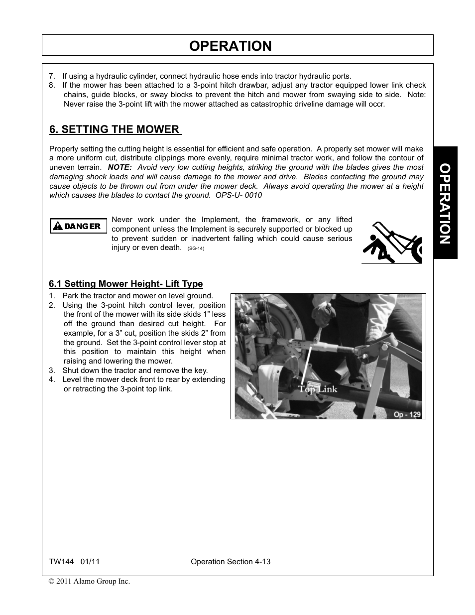 Setting the mower, 1 setting mower height- lift type, Park the tractor and mower on level ground | Shut down the tractor and remove the key, Operation, Opera t ion | Rhino Mounts RHINO TW144 User Manual | Page 123 / 196