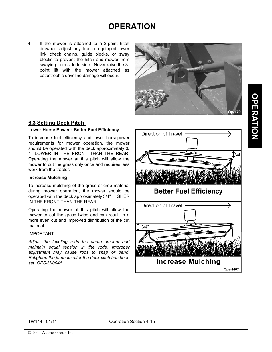 3 setting deck pitch, Setting deck pitch -15, Operation | Opera t ion | Rhino Mounts RHINO TW144 User Manual | Page 125 / 196