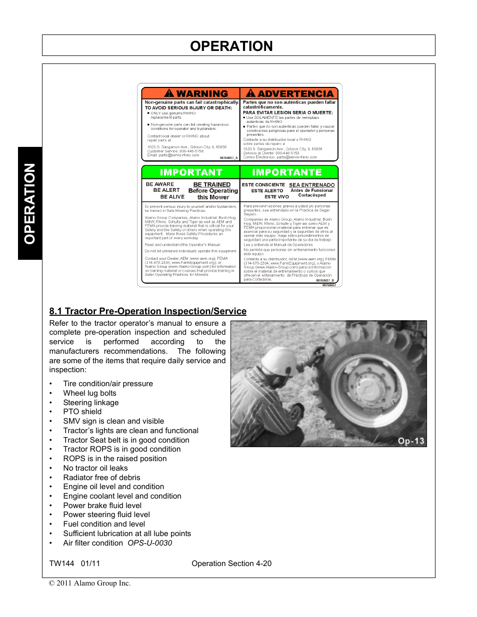 1 tractor pre-operation inspection/service, Tractor pre-operation inspection/service -20, Operation | Opera t ion | Rhino Mounts RHINO TW144 User Manual | Page 130 / 196