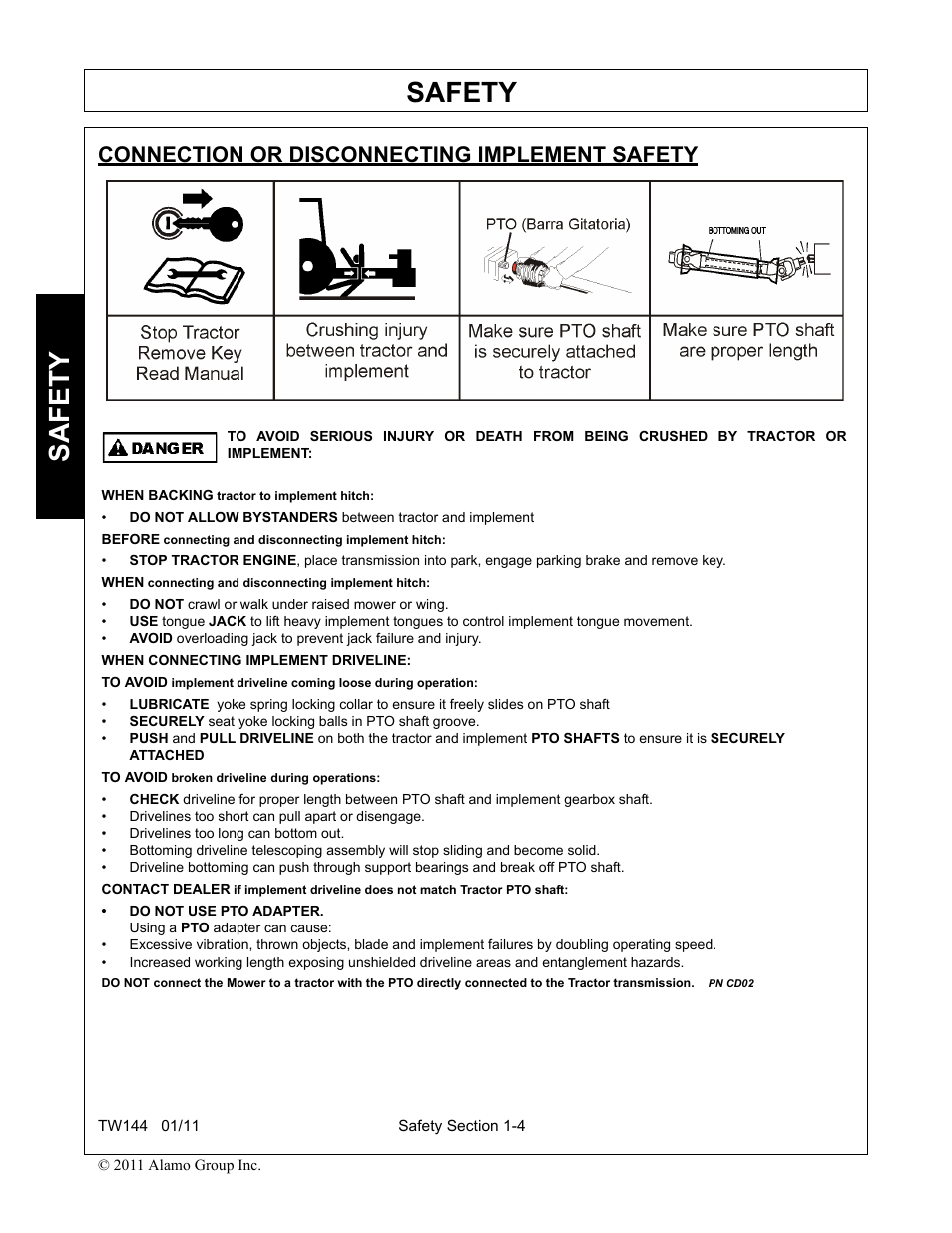 Connection or disconnecting implement safety, Safety | Rhino Mounts RHINO TW144 User Manual | Page 14 / 196