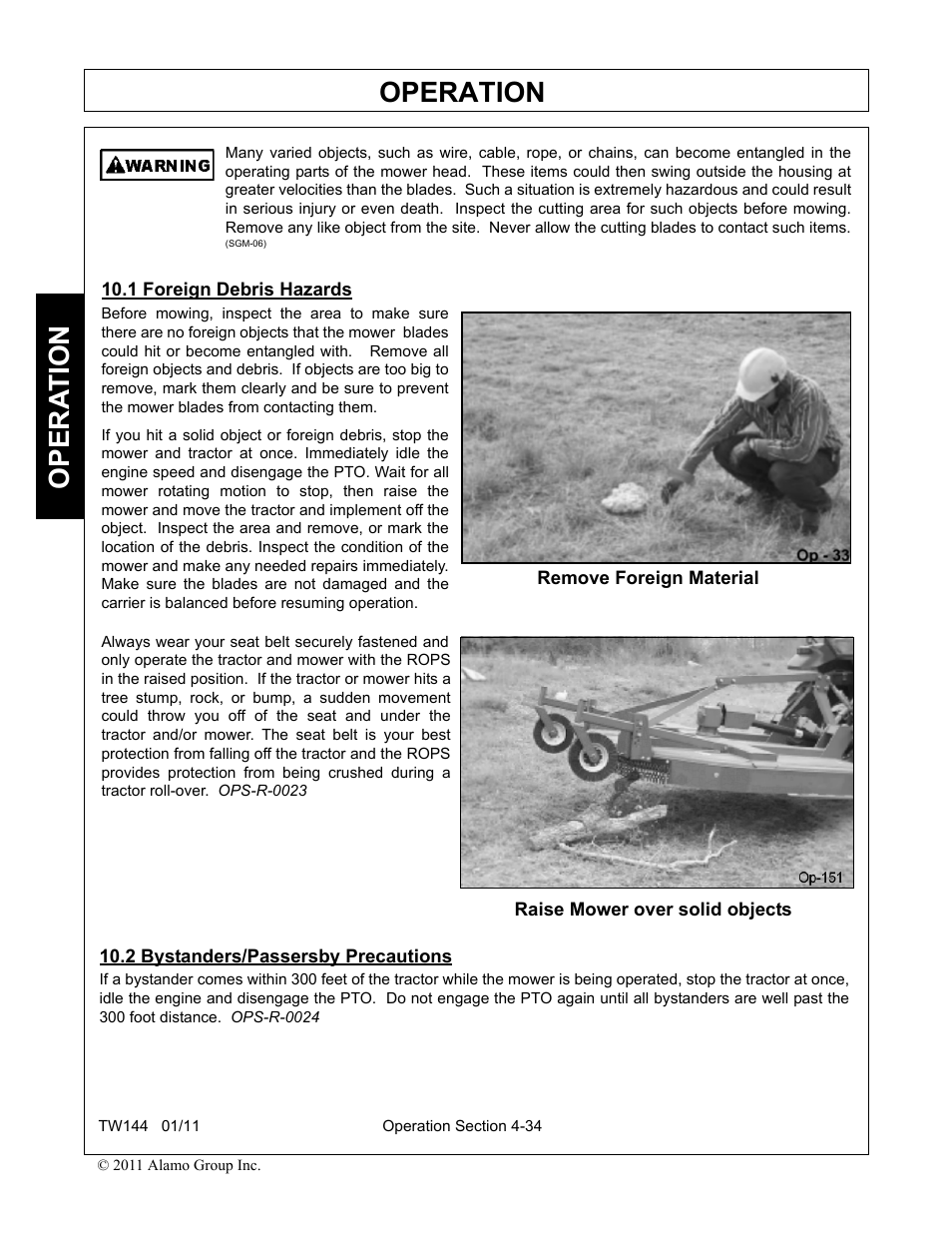 1 foreign debris hazards, 2 bystanders/passersby precautions, Operation | Opera t ion | Rhino Mounts RHINO TW144 User Manual | Page 144 / 196