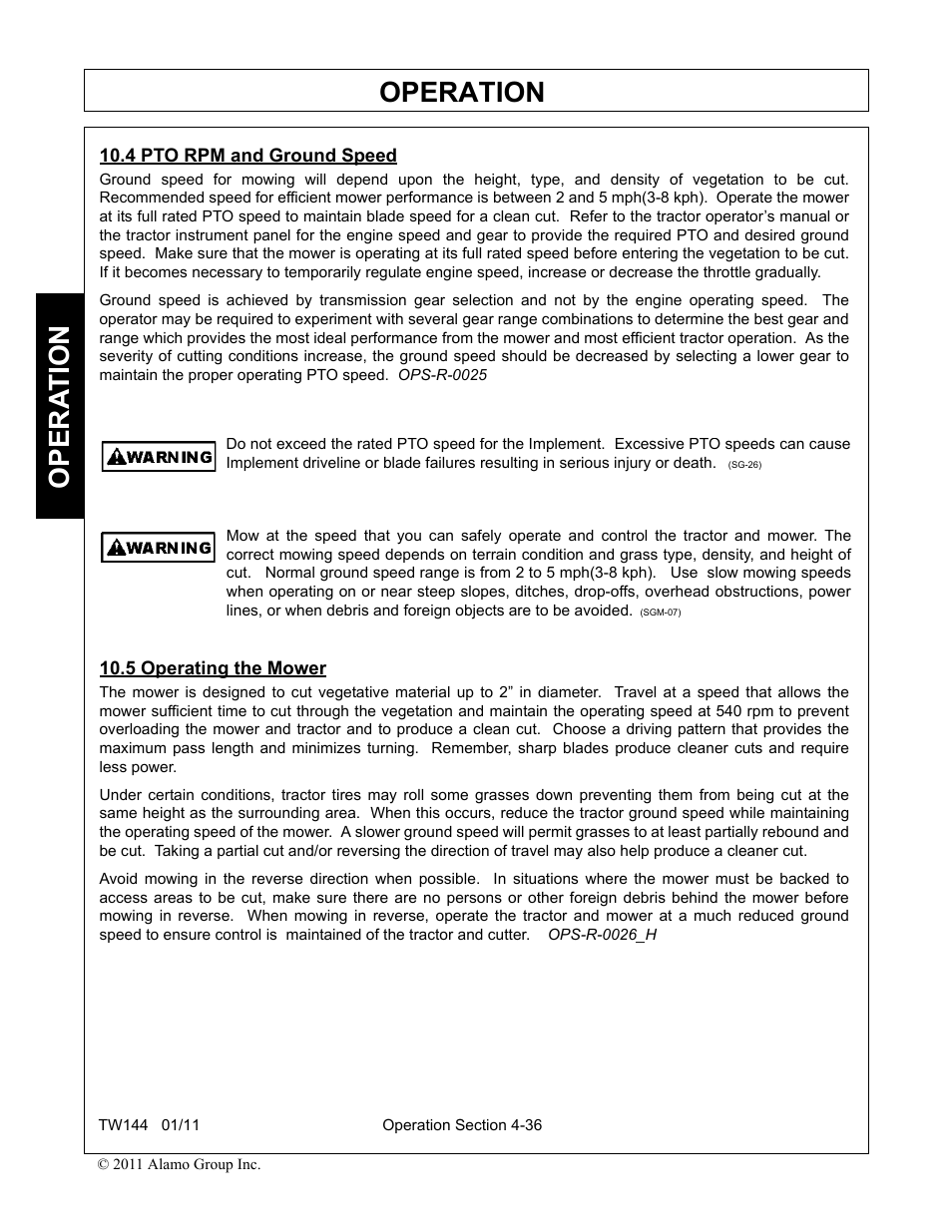 4 pto rpm and ground speed, 5 operating the mower, Operation | Opera t ion | Rhino Mounts RHINO TW144 User Manual | Page 146 / 196