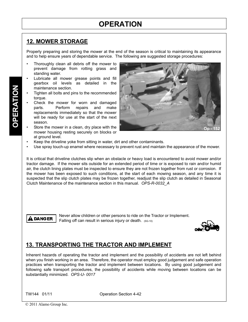 Mower storage, Transporting the tractor and implement, Operation | Opera t ion | Rhino Mounts RHINO TW144 User Manual | Page 152 / 196