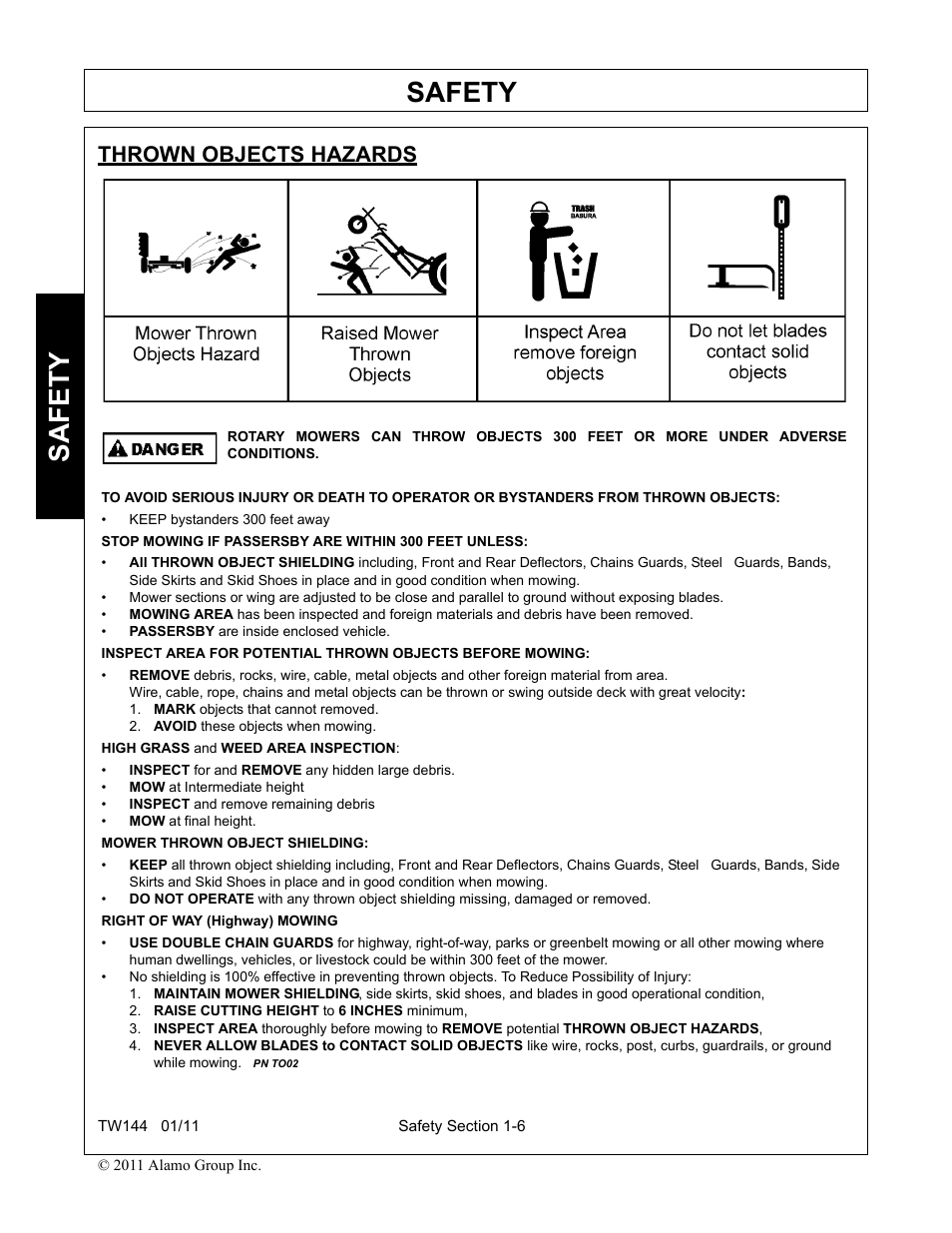 Thrown objects hazards, Mark objects that cannot removed, Avoid these objects when mowing | Raise cutting height to 6 inches minimum, Safety | Rhino Mounts RHINO TW144 User Manual | Page 16 / 196