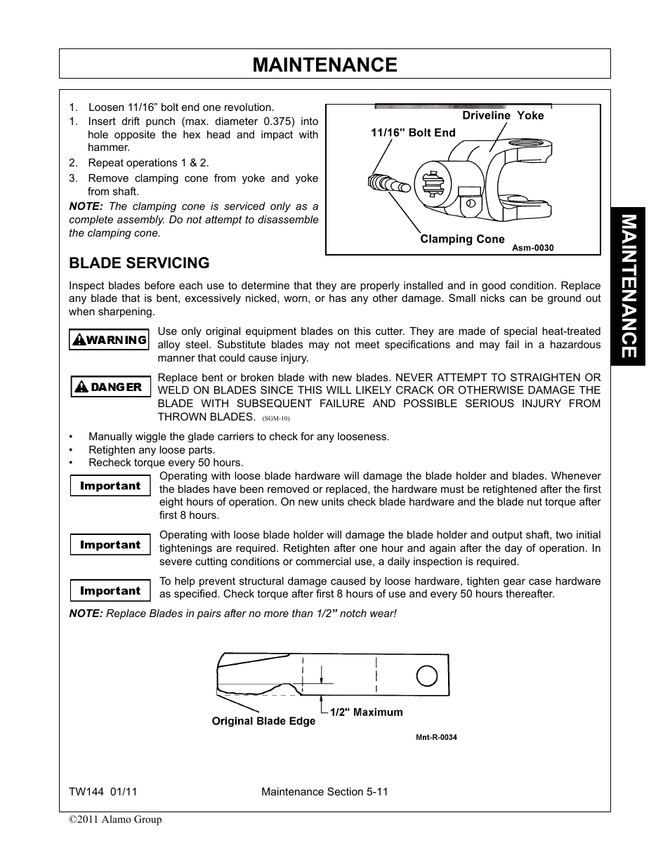 Loosen 11/16” bolt end one revolution, Repeat operations 1 & 2, Remove clamping cone from yoke and yoke from shaft | Blade servicing, Blade servicing -11, Maintenance | Rhino Mounts RHINO TW144 User Manual | Page 169 / 196