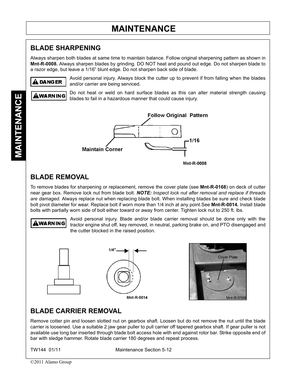 Blade sharpening, Blade removal, Blade carrier removal | Maintenance | Rhino Mounts RHINO TW144 User Manual | Page 170 / 196