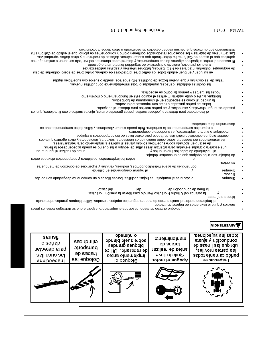 Seguridad, Riesgos con el mantenim iento del implement o | Rhino Mounts RHINO TW144 User Manual | Page 178 / 196