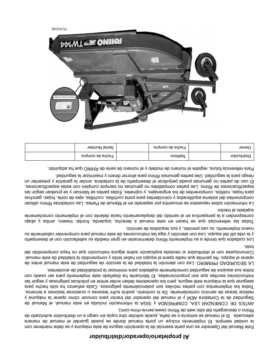 Al propietario/operador/distribuidor | Rhino Mounts RHINO TW144 User Manual | Page 195 / 196