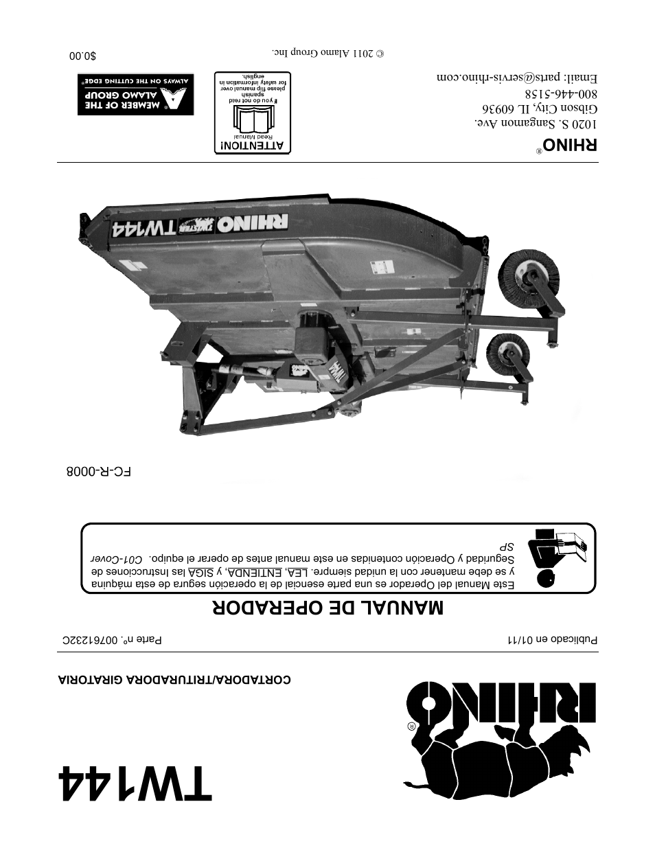 Tw144, Manual de operador, Rhino | Cortadora/trituradora giratoria | Rhino Mounts RHINO TW144 User Manual | Page 196 / 196