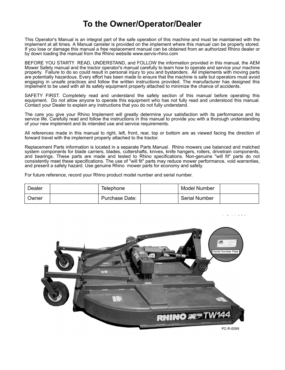 To the owner/operator/dealer | Rhino Mounts RHINO TW144 User Manual | Page 2 / 196
