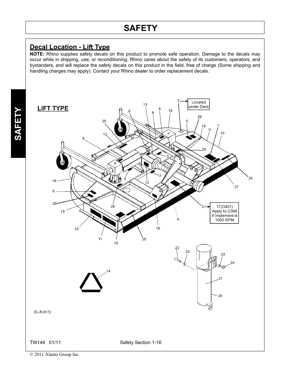 Decal location - lift type, Safety | Rhino Mounts RHINO TW144 User Manual | Page 26 / 196