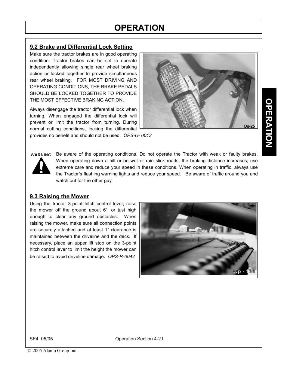 2 brake and differential lock setting, 3 raising the mower, Operation | Opera t ion | Rhino Mounts SE4 User Manual | Page 101 / 138