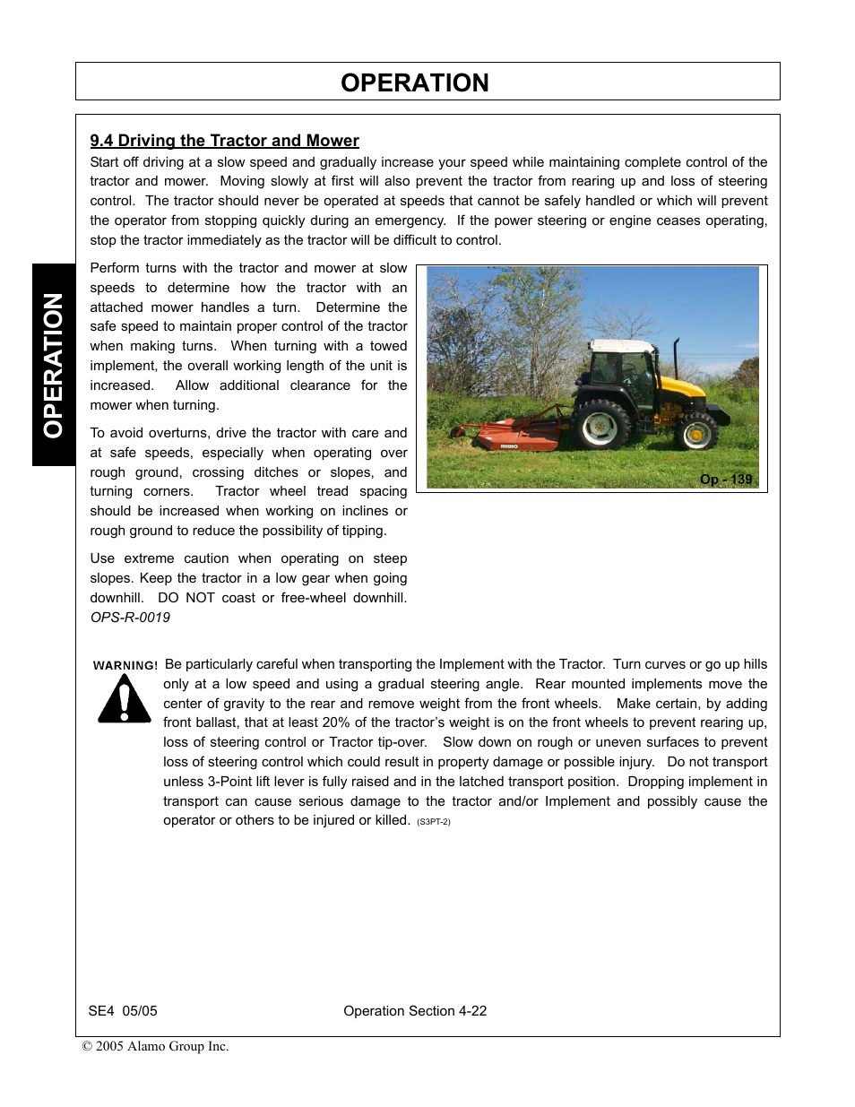 4 driving the tractor and mower, Driving the tractor and mower -22, Operation | Opera t ion | Rhino Mounts SE4 User Manual | Page 102 / 138