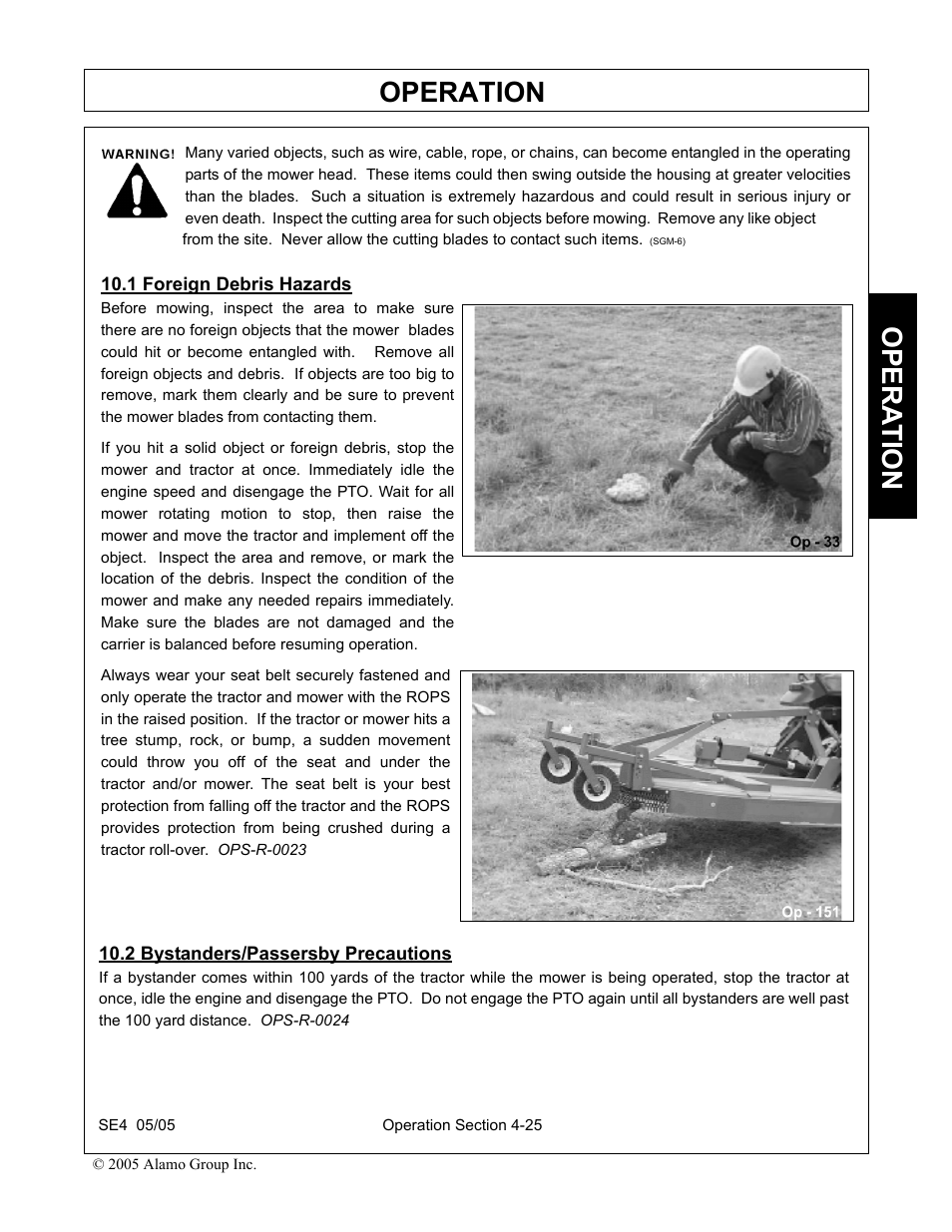 1 foreign debris hazards, 2 bystanders/passersby precautions, Operation | Opera t ion | Rhino Mounts SE4 User Manual | Page 105 / 138