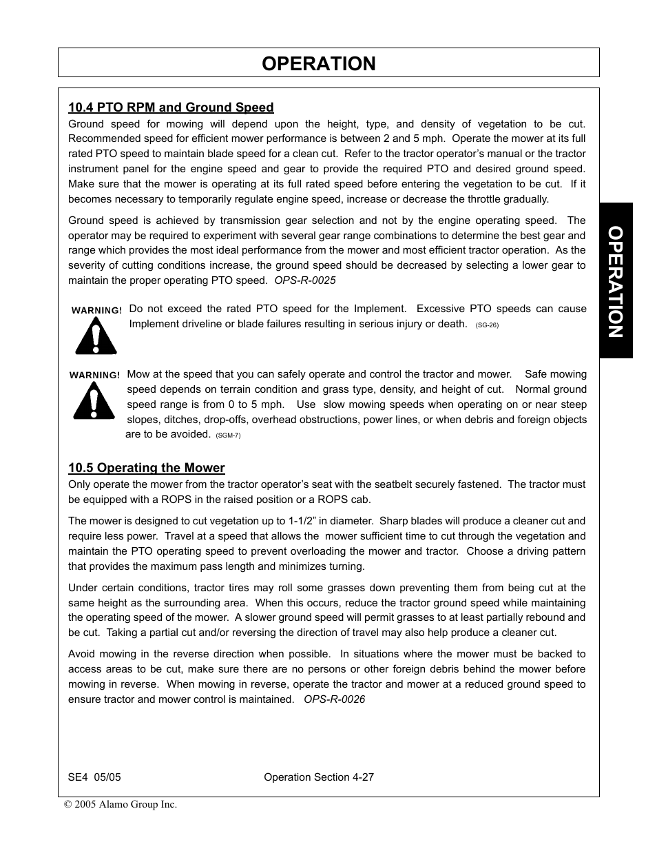 4 pto rpm and ground speed, 5 operating the mower, Operation | Opera t ion | Rhino Mounts SE4 User Manual | Page 107 / 138