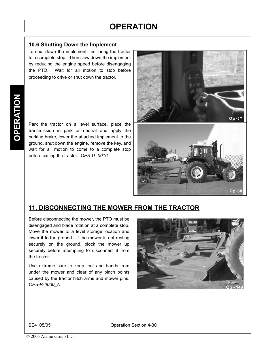 6 shutting down the implement, Disconnecting the mower from the tractor, Operation | Opera t ion | Rhino Mounts SE4 User Manual | Page 110 / 138