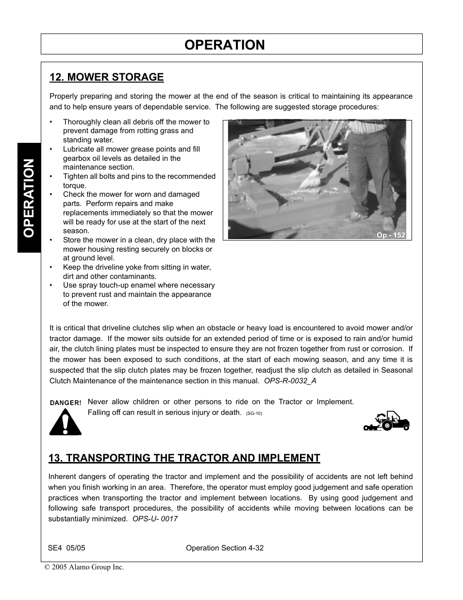 Mower storage, Transporting the tractor and implement, Operation | Opera t ion | Rhino Mounts SE4 User Manual | Page 112 / 138