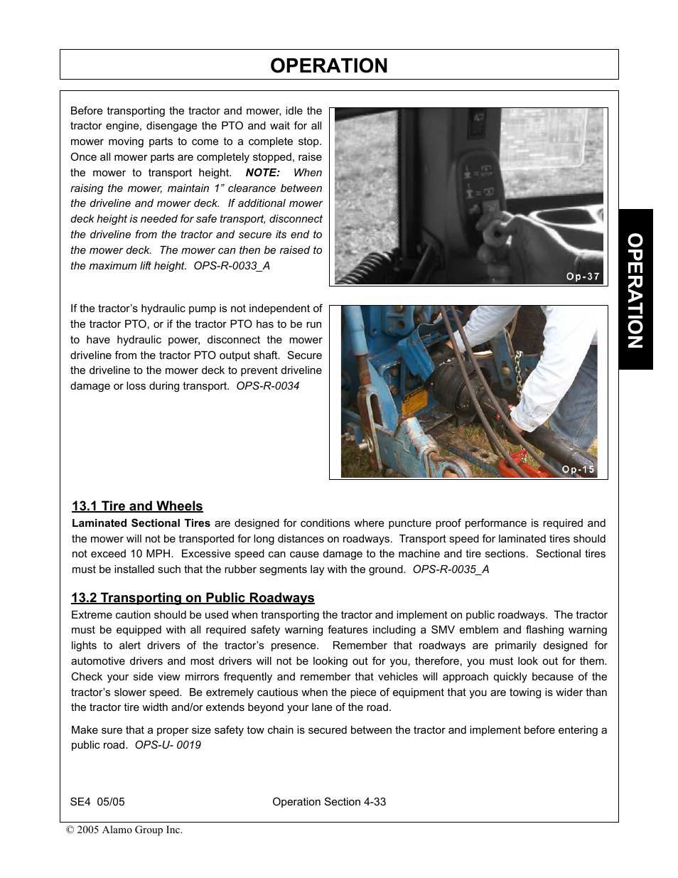 1 tire and wheels, 2 transporting on public roadways, Operation | Opera t ion | Rhino Mounts SE4 User Manual | Page 113 / 138