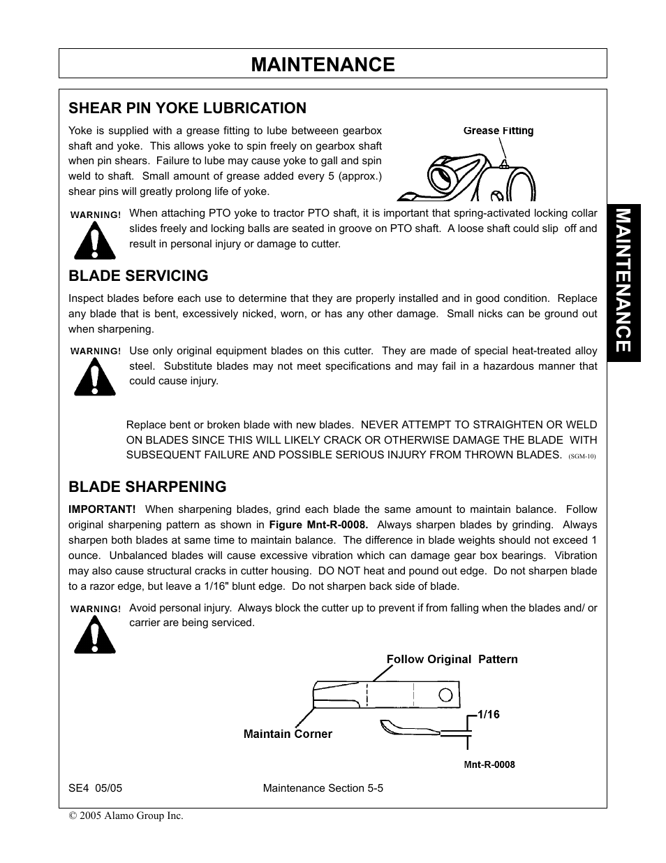 Shear pin yoke lubrication, Blade servicing, Blade sharpening | Maintenance | Rhino Mounts SE4 User Manual | Page 123 / 138