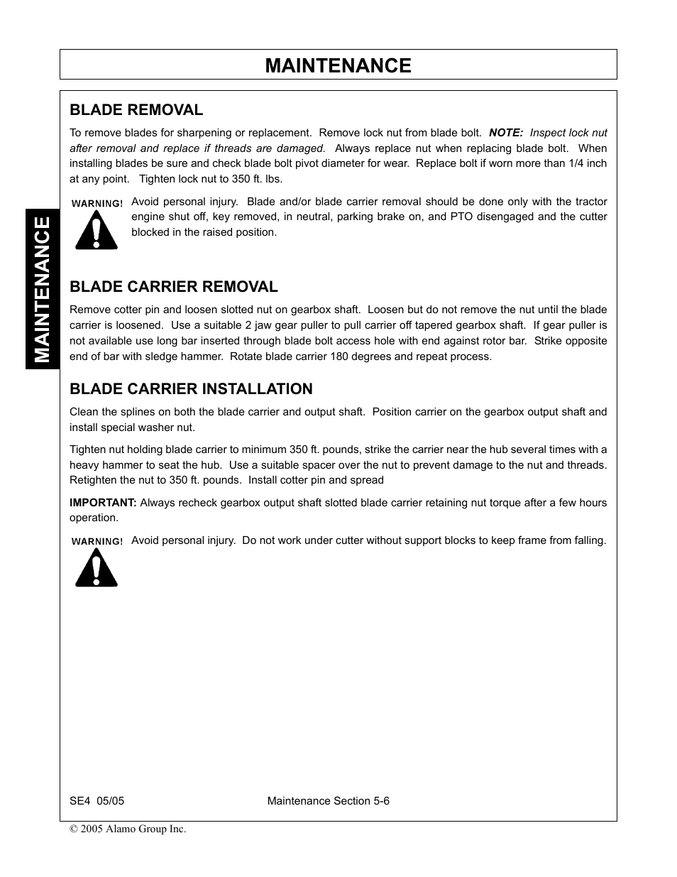 Blade removal, Blade carrier removal, Blade carrier installation | Maintenance | Rhino Mounts SE4 User Manual | Page 124 / 138