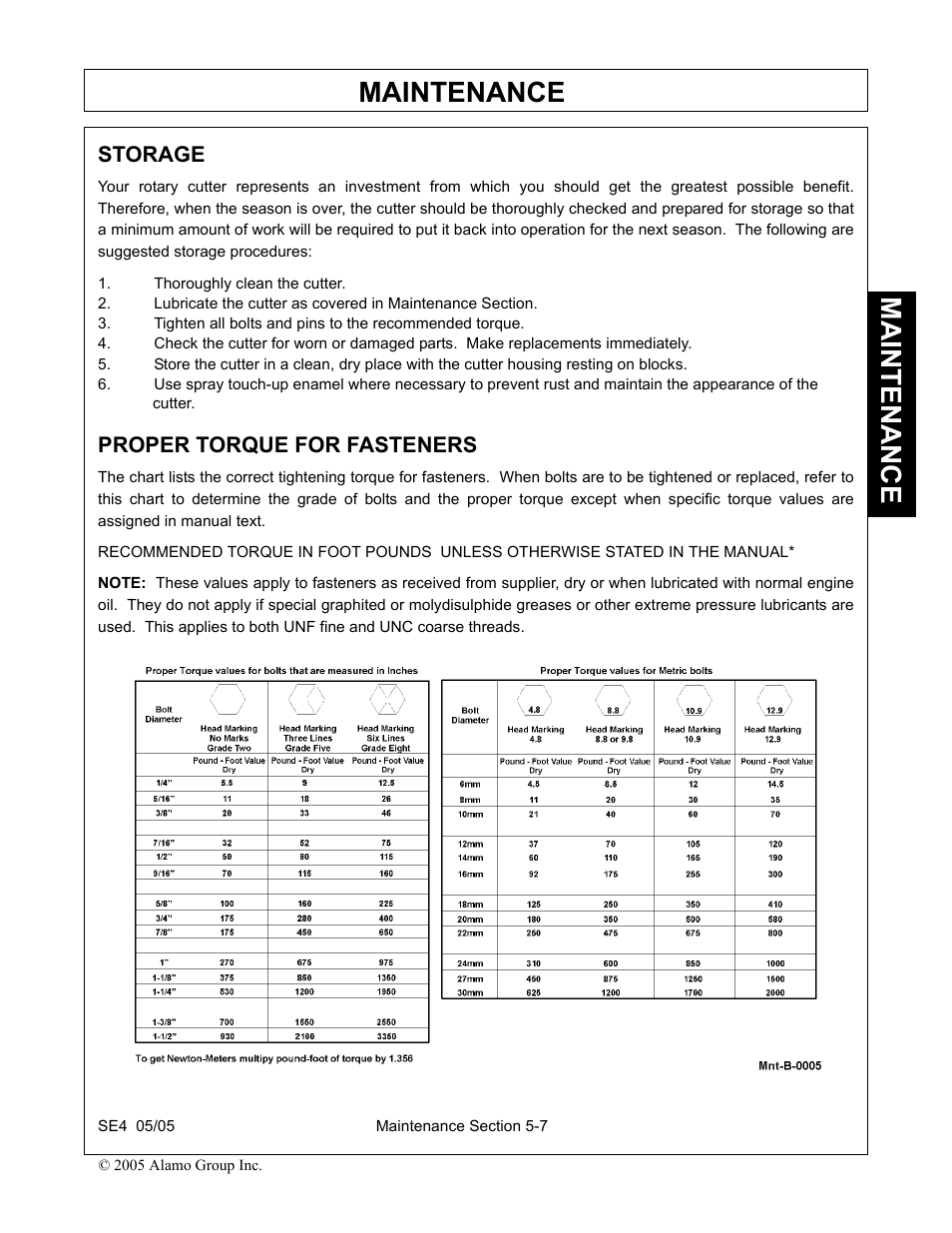 Storage, Thoroughly clean the cutter, Proper torque for fasteners | Storage -7 proper torque for fasteners -7, Maintenance | Rhino Mounts SE4 User Manual | Page 125 / 138