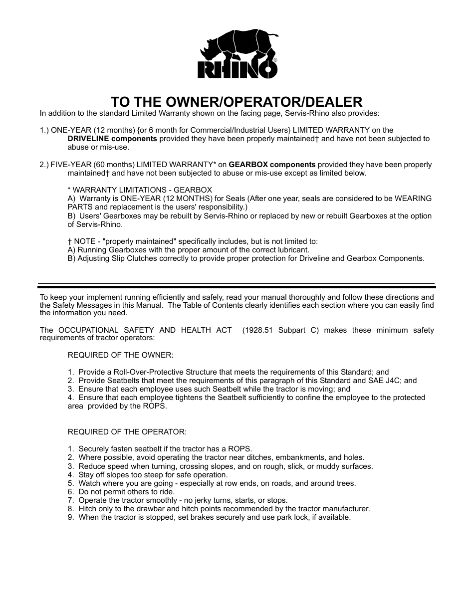 To the owner/operator/dealer | Rhino Mounts SE4 User Manual | Page 131 / 138