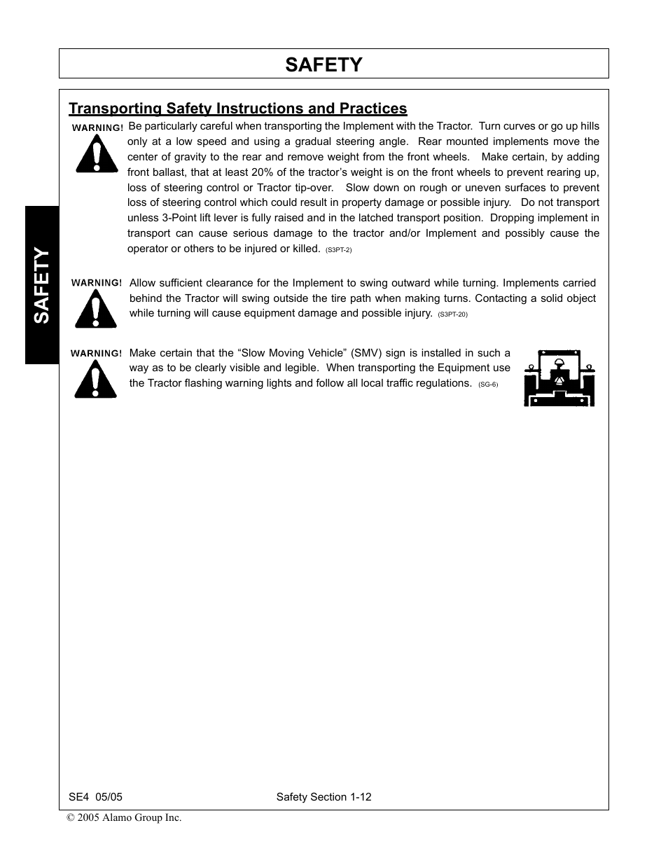 Transporting safety instructions and practices, Transporting safety instructions and practices -12, Safety | Rhino Mounts SE4 User Manual | Page 18 / 138