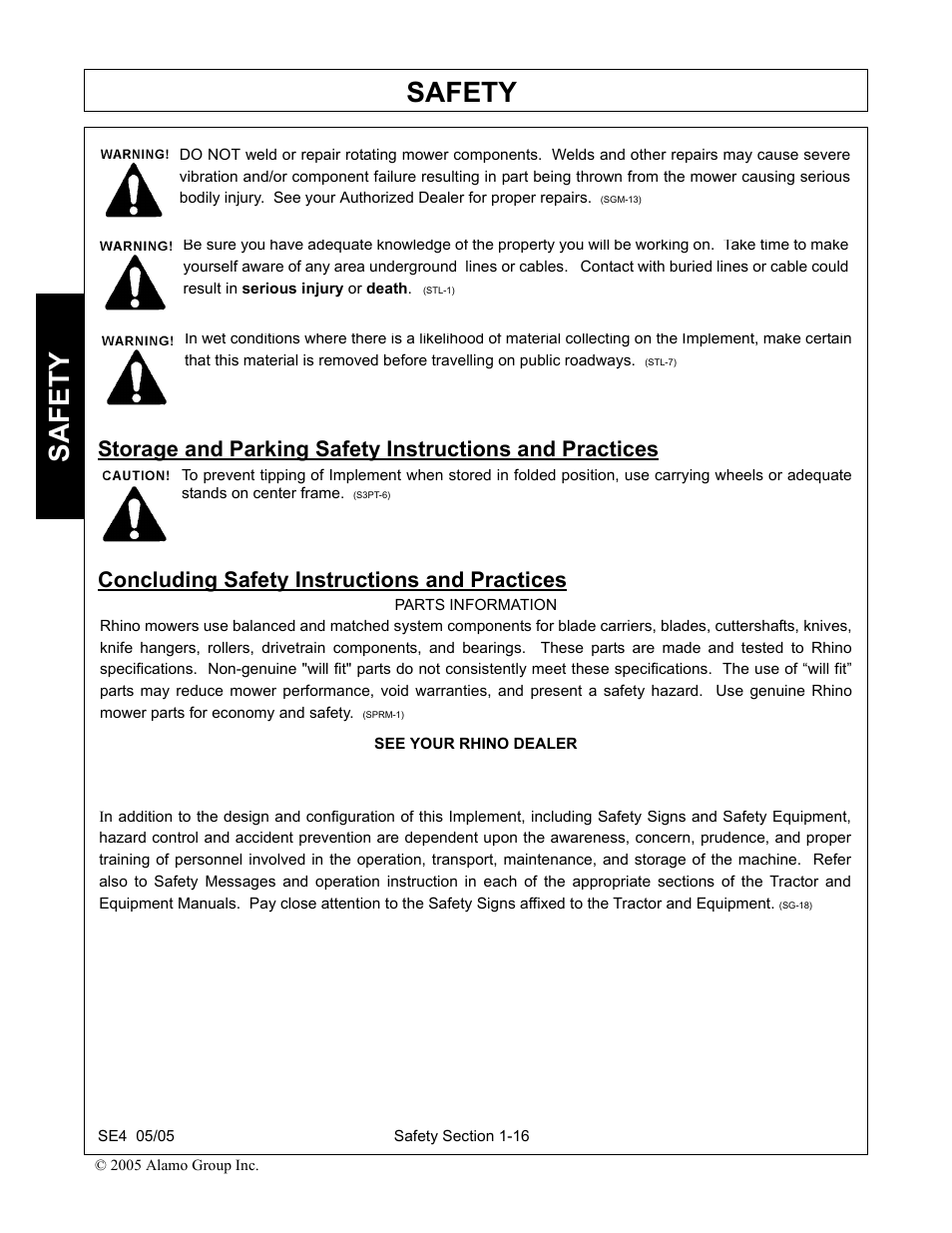 Concluding safety instructions and practices, Safety | Rhino Mounts SE4 User Manual | Page 22 / 138