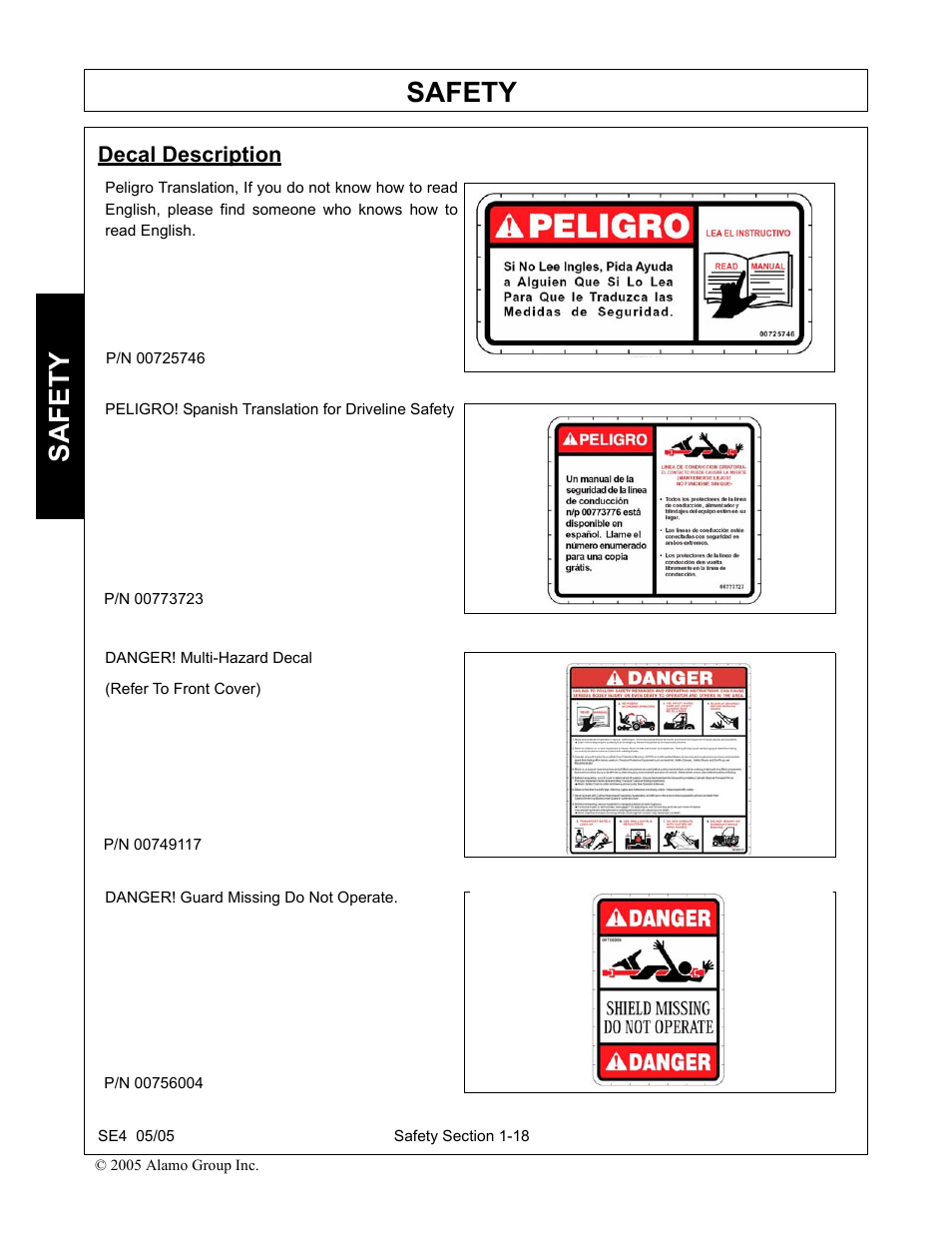 Decal description, Decal description -18, Safety | Rhino Mounts SE4 User Manual | Page 24 / 138