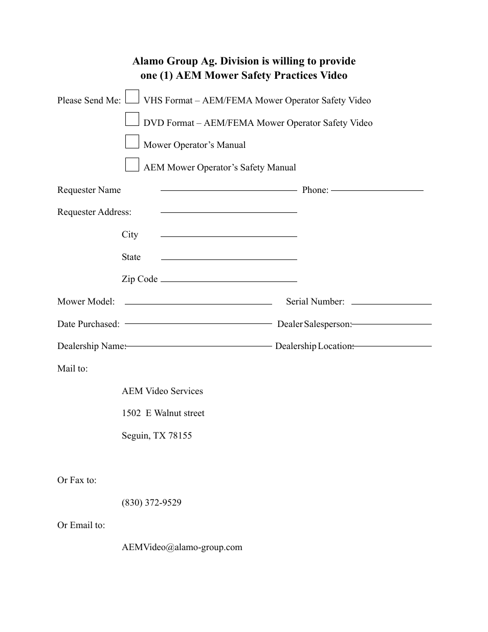 Alamo group ag. division is willing to provide, One (1) aem mower safety practices video | Rhino Mounts SE4 User Manual | Page 4 / 138