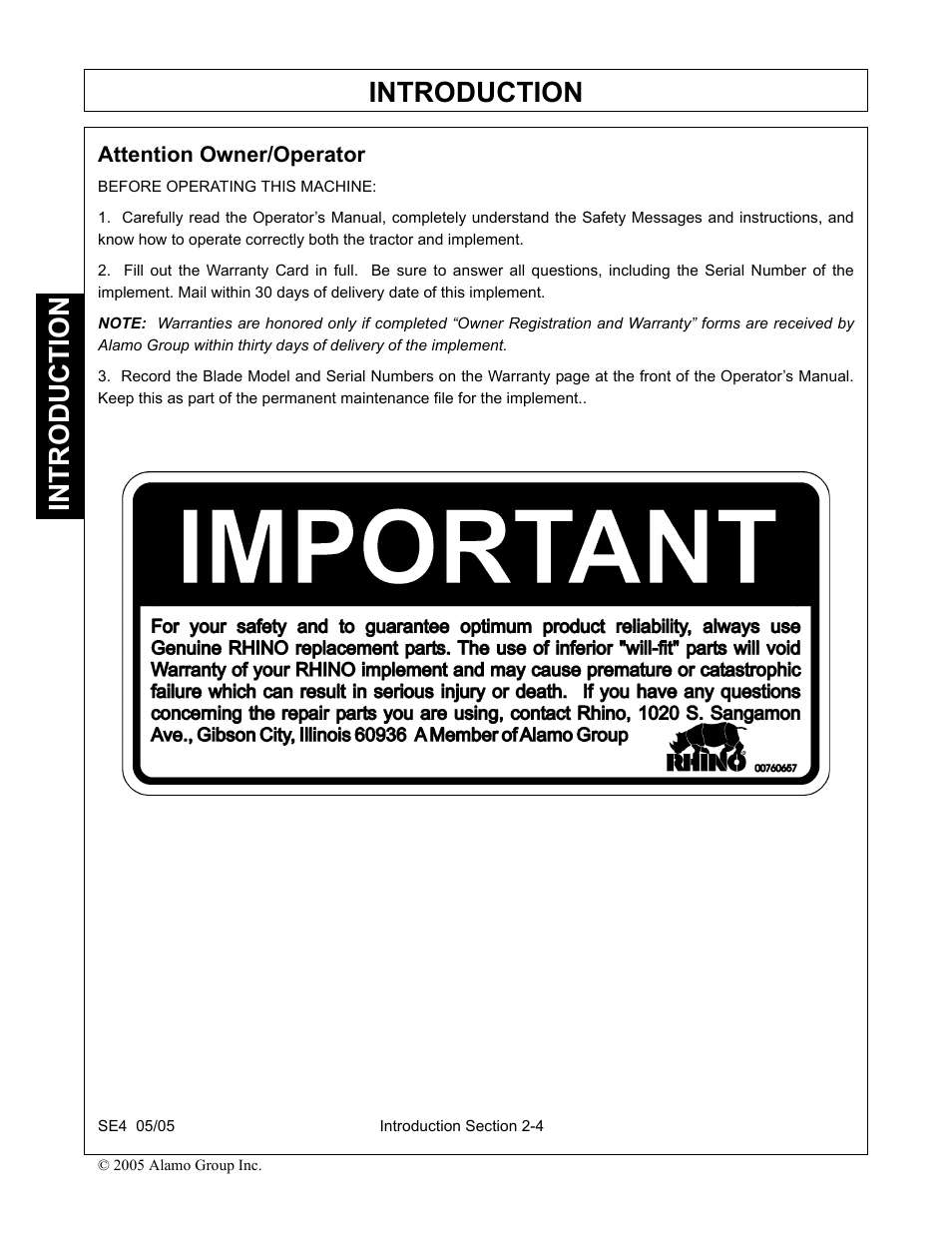 Attention owner/operator, Attention owner/operator -4, Introduction | Rhino Mounts SE4 User Manual | Page 76 / 138