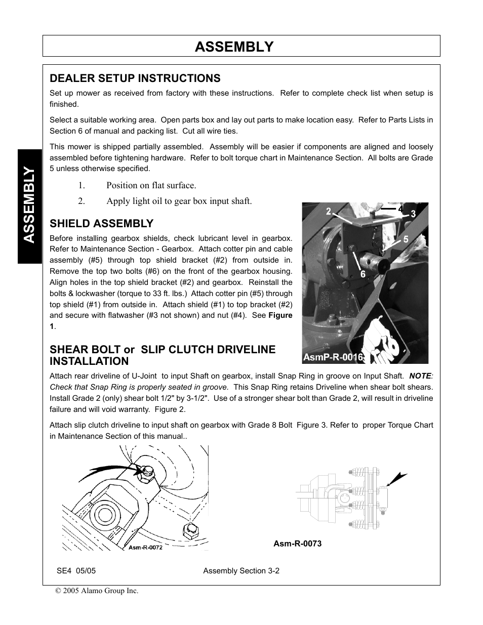 Dealer setup instructions, Position on flat surface, Apply light oil to gear box input shaft | Shield assembly, Shear bolt or slip clutch driveline installation, Assembly, Assembl y | Rhino Mounts SE4 User Manual | Page 78 / 138